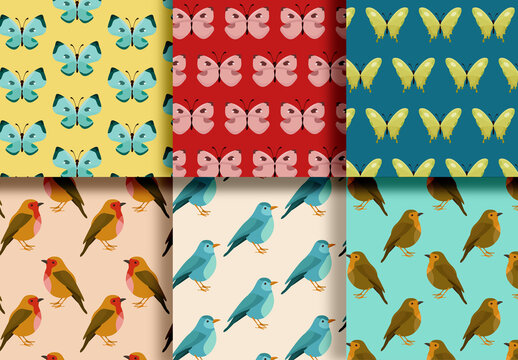 Mockup of 6 customizable repeatable patterns, butterflies and birds
