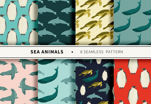 Mockup of 8 customizable repeatable patterns, aquatic animals