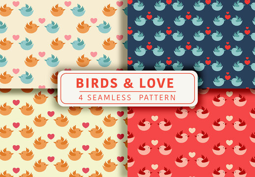 Mockup of 4 customizable repeatable patterns, birds and hearts