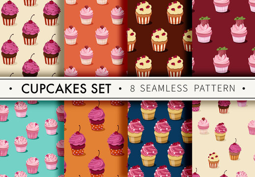 Mockup of 8 customizable repeatable patterns, cupcakes