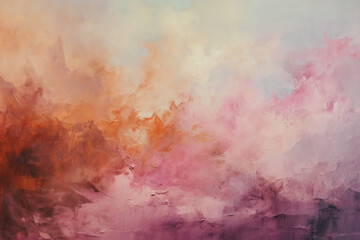 An expansive abstract painting with a warm palette of orange, pink, and white, evoking the feel of a serene, colorful sunrise.