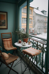 Fototapeta na wymiar Small city terrace with table in winter