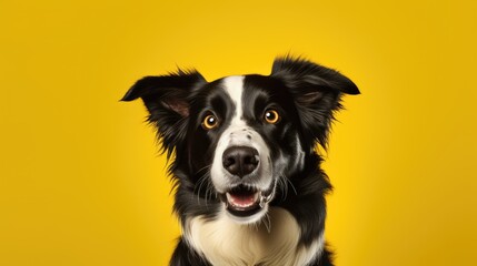 Fototapeta premium Close-up of delighted Border Collie on clean yellow backdrop.