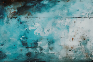 The image depicts a textured abstract with a weathered look, featuring a palette of turquoise and earth tones, suggesting aged patina and rustic charm. - obrazy, fototapety, plakaty