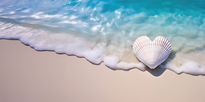 white heart shaped seashell lying in the sand with the blue sea and soft waves in background