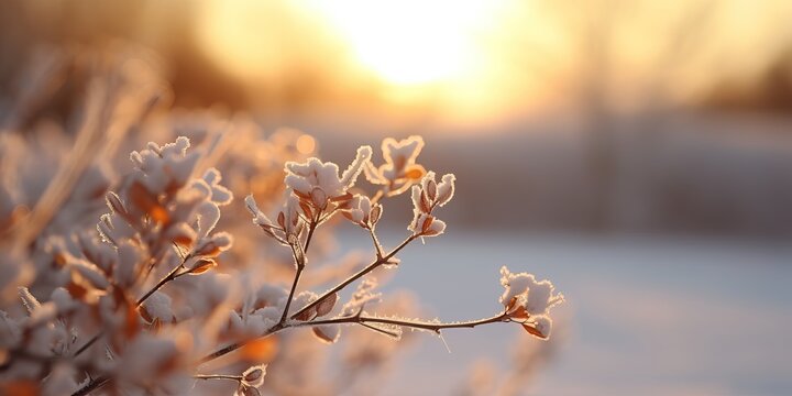 Winter season outdoors landscape, frozen plants in nature on the ground covered with ice and snow, under the morning sun. Seasonal background for Christmas wishes and greeting card