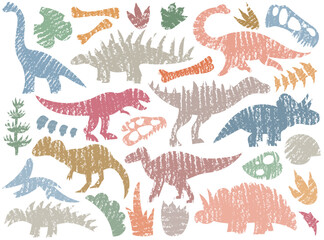 Colorful grunge dinosaur silhouette with bones and footprints isolated set vector illustration © Mykola Syvak