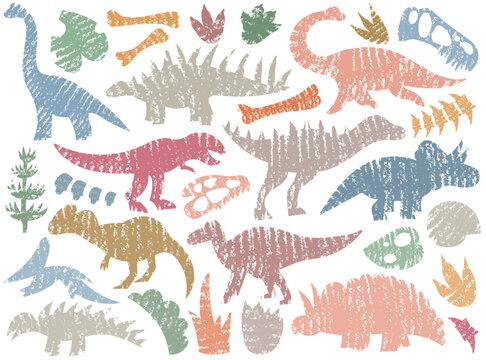 Colorful grunge dinosaur silhouette with bones and footprints isolated set vector illustration