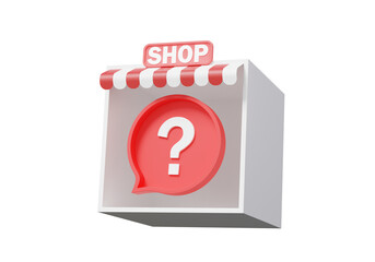 Minimal cartoon shop store with question mark marketing promotion gaming shopping cart buying discount, sale, banner, customer, on isolated background. 3d render illustration. elements