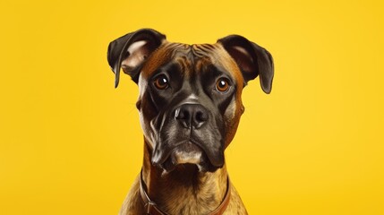 Close-up of joyful Boxer dog on clean yellow backdrop.