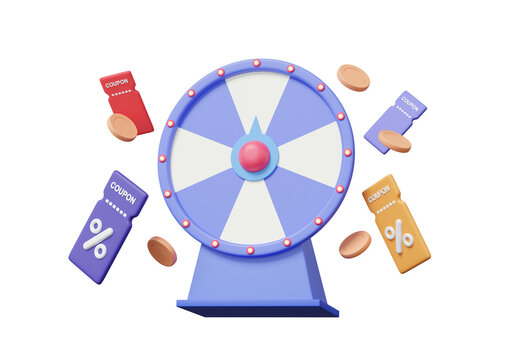 Fortune spin wheel with coupon coins floating on isolated background. business online shopping promotion marketing entertainment risk gamble event jackpot prize. elements. 3d render illustration