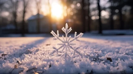 Fotobehang Winter season outdoors landscape, snowflake shape in nature on a forest ground covered with ice and snow, under the morning sun. Seasonal background for Christmas greeting card, New Year wishes © Eli Berr