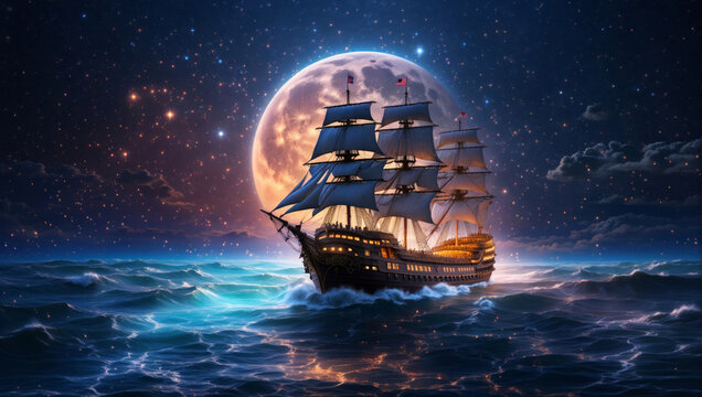 A medieval sailing ship at sea at night with a huge full moon in the background. - Powered by Adobe