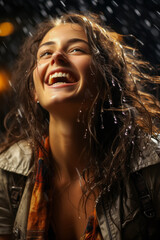 Young woman joyfully dancing in the rain.