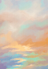 Impressionistic Vibrant, Colorful Cloudscape, Seascape, Landscape at Sunrise Sunset in Orange, green & Blue or Teal or Aqua - Art, Digital Painting, Artwork, Design, Illustration, Seaside, Lakeside