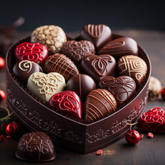 Sweet chocolate candy box on dark table background. Different candies in shape heart box with AI generated