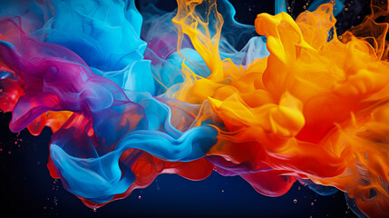 Colorful paint splashes isolated on black background. Colored Ink in water. Abstract backdrop