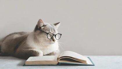 cat reading book, 16:9 widescreen backdrop / wallpaper - obrazy, fototapety, plakaty