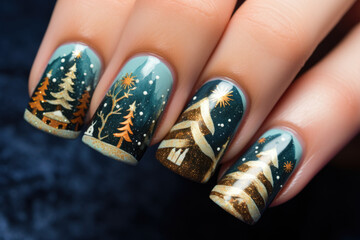 Woman's hands with manicured nail with Christmas ornaments