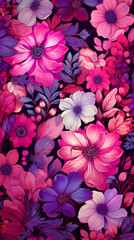 A vibrant floral pattern in shades of pink, magenta, and purple