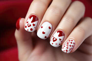 Woman's hands with red manicured nails for Valentine's day