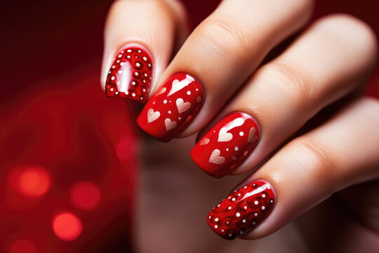 Woman's hands with red manicured nails for Valentine's day