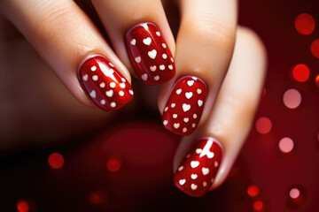 Woman's hands with red manicured nails for Valentine's day