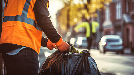 City cleaning and waste management services professional picking up black garbage bags on the streets.