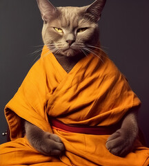 Black cat dressed in buddhist monk orange clad robe sitting in meditation pose. Funny animal image - obrazy, fototapety, plakaty