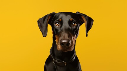 Close-up of joyful Doberman Pinscher on clean yellow backdrop.