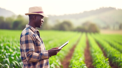 African farmer checking crops analyzing data on a tablet. Sustainable agriculture practices...