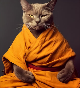 Black cat dressed in buddhist monk orange clad robe sitting in meditation pose. Funny animal image