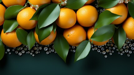 fresh juicy oranges decorated with flowering branches on a rich dark green background, banner with copy space. Concept: healthy eating, citrus fruits
