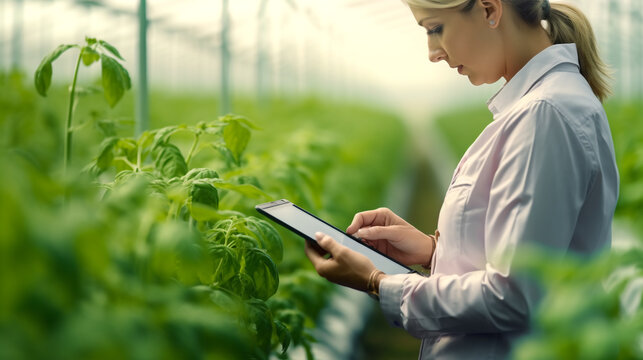 Young female botanist controlling plants in a greenhouse analyzing data on a tablet. Sustainable agriculture practices technology environmental protection concept - Powered by Adobe