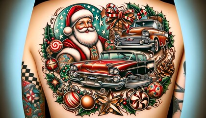 a retro 1950s style tattoo with Christmas elements, featuring vintage ornaments, classic cars with holiday wreaths, and a nostalgic Santa Claus