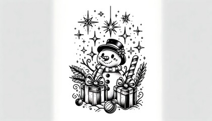 a whimsical tattoo design featuring a playful snowman, gift boxes, and twinkling stars, all set against a crisp white background