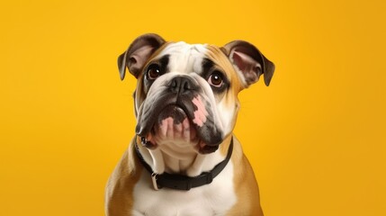 Obraz premium Close-up of joyful English Bulldog on clean yellow backdrop.