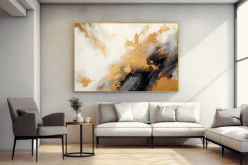 A chic modern living room with a white sofa and an abstract golden-black painting on the wall.