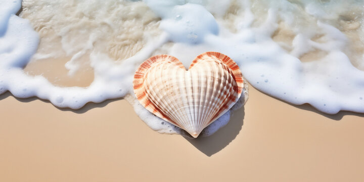 brown heart shaped seashell lying in the sand with the blue sea and soft waves in background
