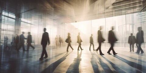 Hurry business people silhouettes walking during rush hour in their workplace. Motion blur effect and long exposure abstract photography