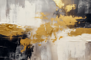 Abstract painting with bold gold, white, and black textured strokes, ideal for modern luxury decor.