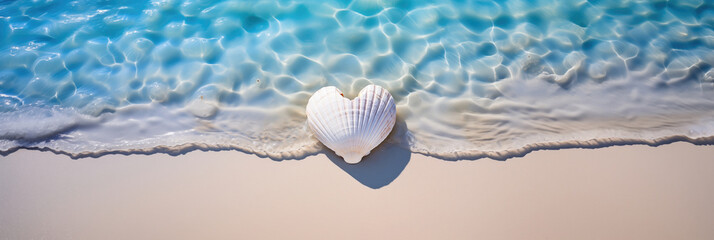white heart shaped seashell lying in the sand with the blue sea and soft waves in background - obrazy, fototapety, plakaty