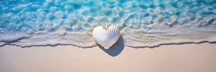 Foto op Canvas white heart shaped seashell lying in the sand with the blue sea and soft waves in background © Karat