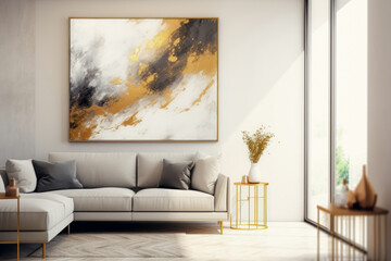 Modern minimalist living room with a large abstract golden and black wall painting, white sofa, and...