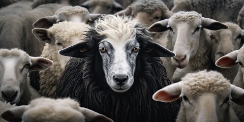 A black sheep among a flock of white sheep, raising head as a leader. Concept of standing out from the crowd, of being different and unique with its own identity and special skills among the others