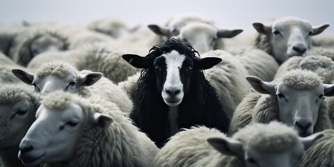 A black sheep among a flock of white sheep, raising head as a leader. Concept of standing out from the crowd, of being different and unique with its own identity and special skills among the others © Eli Berr