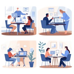 Four-panel illustration showcasing diverse groups of people in various collaborative and individual work settings