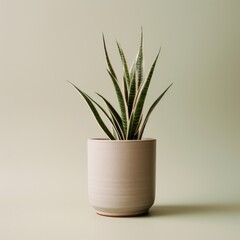 A snake plant with slender variegated leaves in a textured beige pot against a soft green background