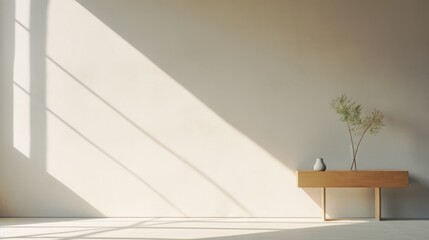 Warm sunlight casts geometric shadows in a minimalist room with a floating wooden console and a delicate vase arrangement.