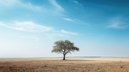 Lone tree standing resiliently in a vast, arid landscape under a wide blue sky with wispy clouds
